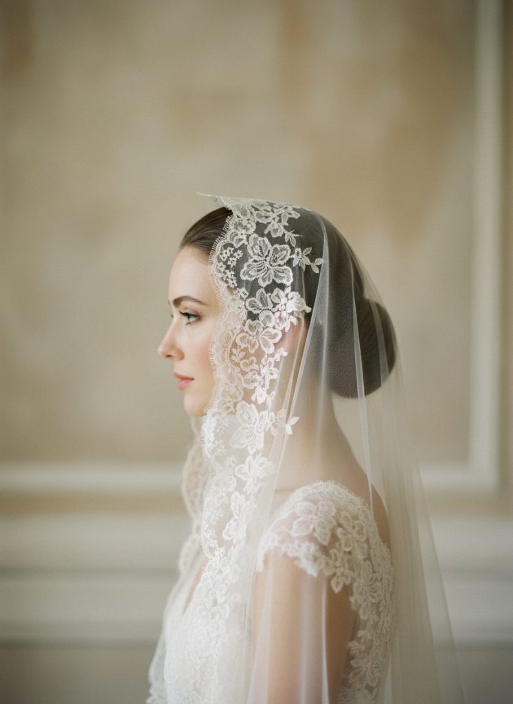 Mariée de profil portant un voile de mariée mantille - Inked Caps Harmony